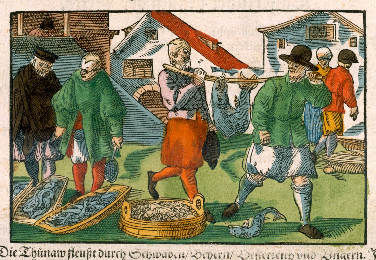 Fishmarket，来自德国手稿，c.1650（手工彩色木刻） 作者 德国学校