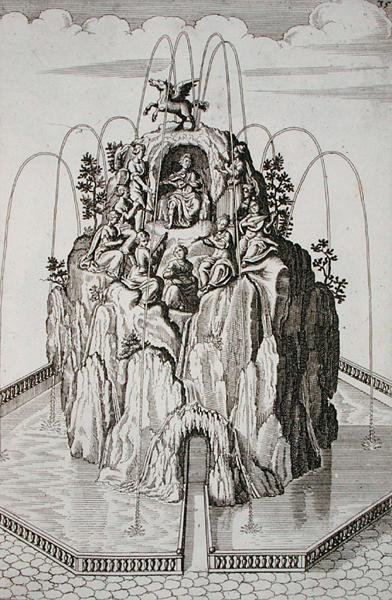 喷泉设计，出自乔治-安德烈亚斯-博克勒（1617-85）的《新建筑》，1704年出版（雕版画）。 作者 德国学校