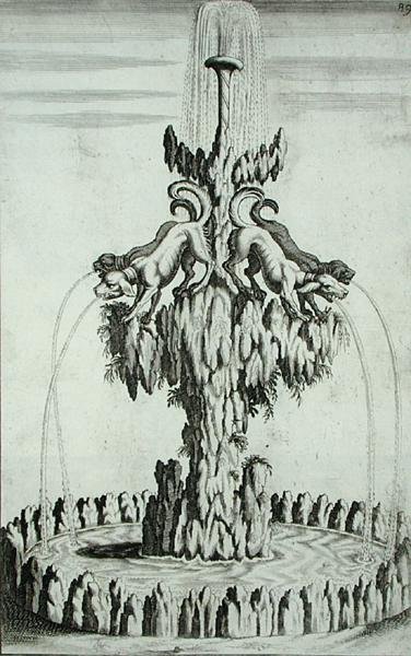 带狗的喷泉，出自乔治-安德烈亚斯-博克勒（1617-85）的《新建筑》，1704年出版（雕版画）。 作者 德国学校