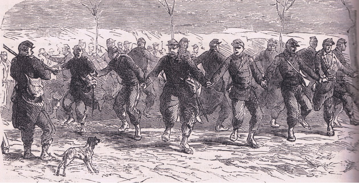法国士兵在营地里跳舞，《卡塞尔法德战争史》，由卡塞尔有限公司出版，约1890年（平板）。 作者 德国学校