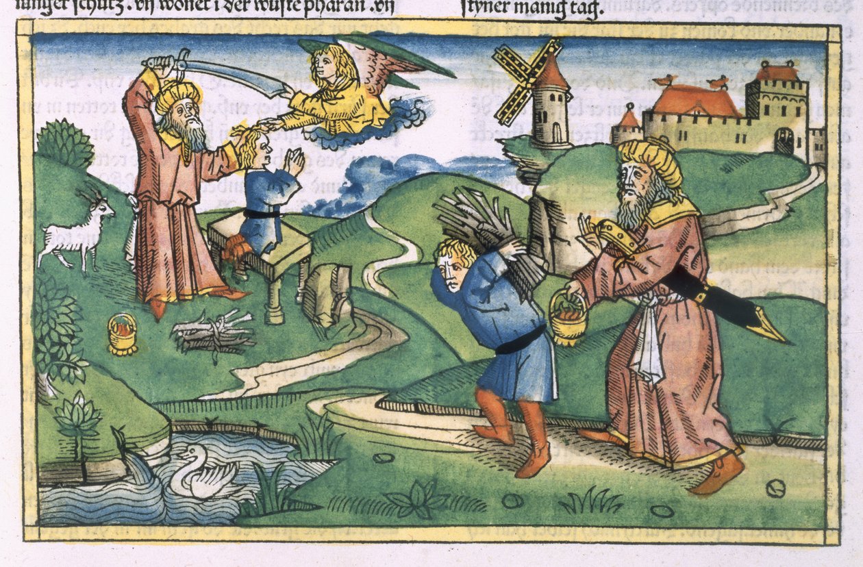 创世纪21 1-14亚伯拉罕从纽伦堡圣经（Biblia Sacra Germanaica）中提供艾萨克（彩色木刻） 作者 德国学校