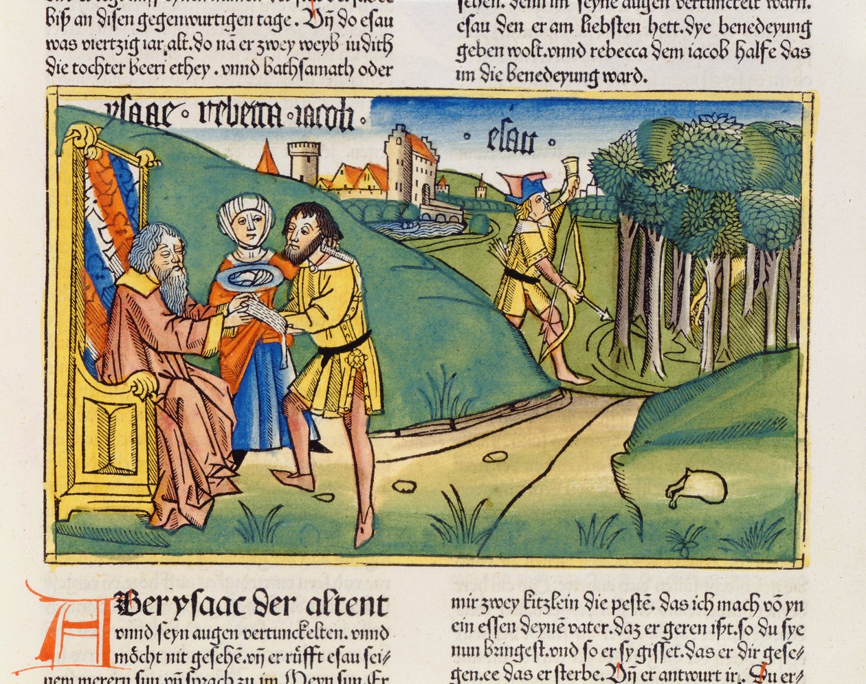 创世纪27 6-29雅各从纽伦堡圣经（Biblia Sacra Germanaica）（彩色木刻）获得艾萨克斯的祝福 作者 德国学校