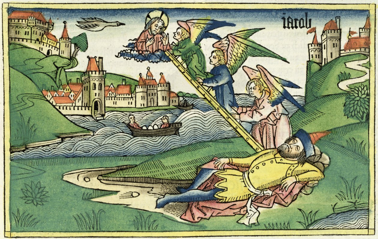 创世纪28 10 Jacobs Ladder，来自纽伦堡圣经（Biblia Sacra Germanaica）（彩色木刻） 作者 德国学校