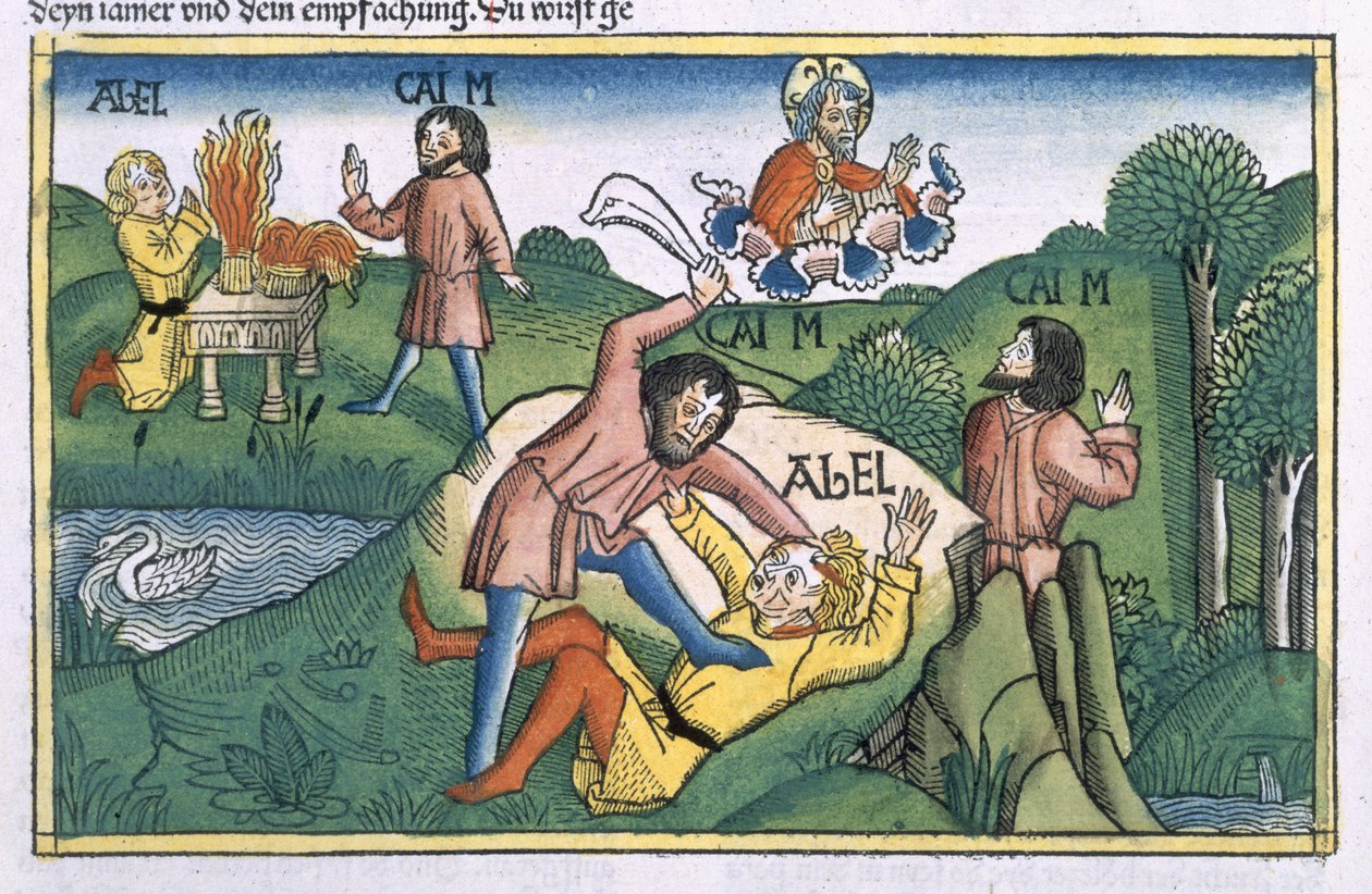 创世记 4:8 该隐谋杀了亚伯，摘自《纽伦堡圣经 (Biblia Sacra Germanaica)》（彩色木刻） 作者 德国学校