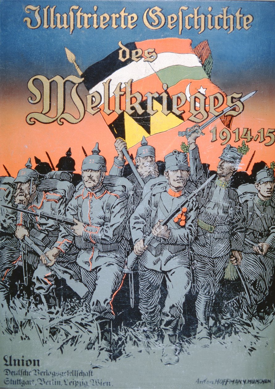 德国和奥匈帝国军队肩并肩地前进，《1914-15年世界大战图鉴》的封面。 作者 德国学校