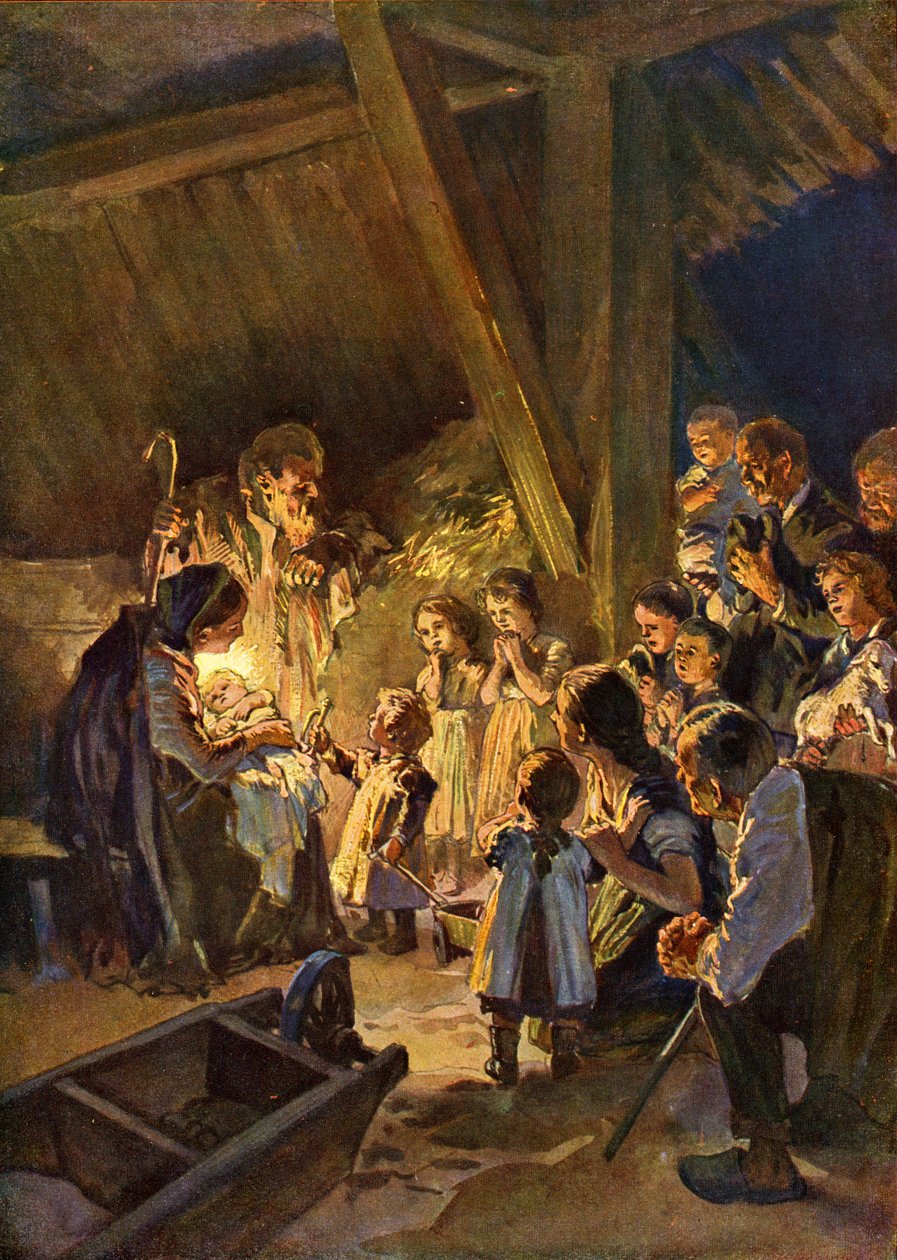 有孩子的德国圣诞场景，约 1908 年（印刷品） 作者 德国学校