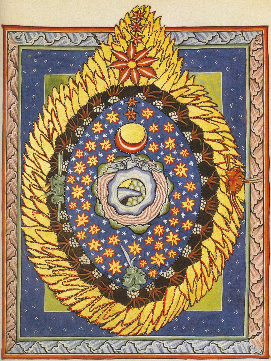上帝、宇宙和人类。 宾根希尔德加德 (Hildegard of Bingen) 的《Liber Scivias》微型画，c.1175（羊皮纸上的水彩画） 作者 德国学校