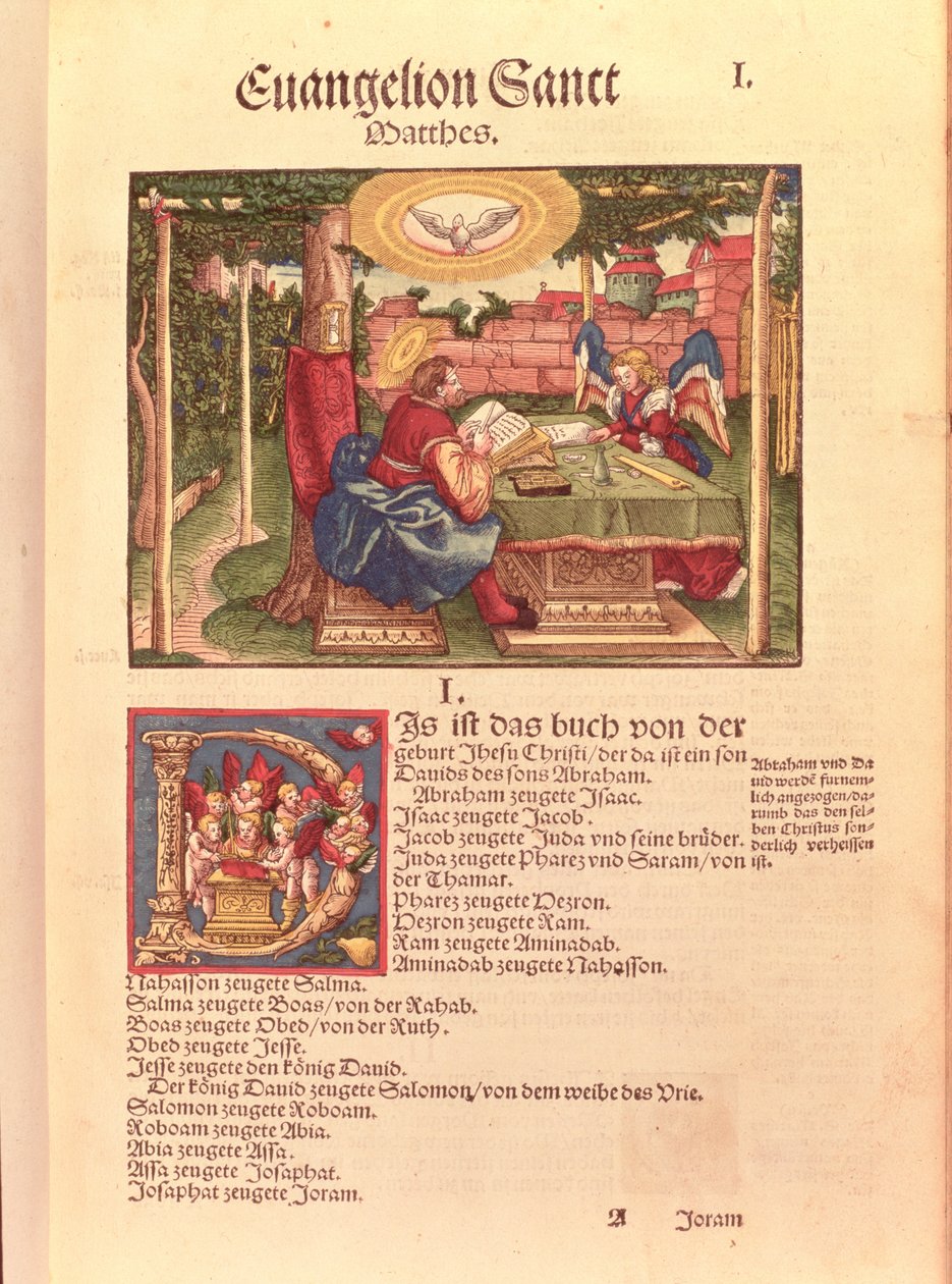 圣路易福音书，第一册，来自路德圣经，c.1530（彩色木刻） 作者 德国学校