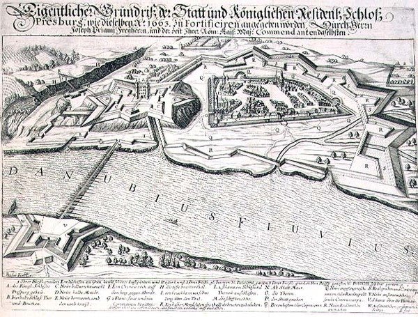 1663年普雷斯堡的城镇和城堡及其防御工事的平面图，来自一本关于奥斯曼帝国在欧洲的战役的书的插图，由保罗-弗斯特（约1605-66）雕刻（雕刻）。 作者 德国学校