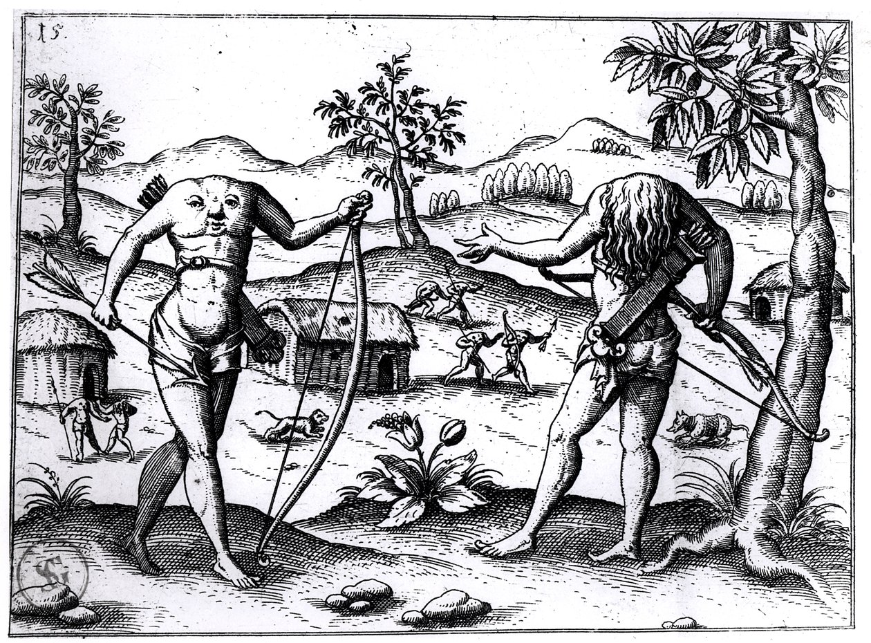 无头的男人和女人，来自圭亚那Sir Walter Raleighs的插图，于1599年在纽伦堡出版 作者 德国学校