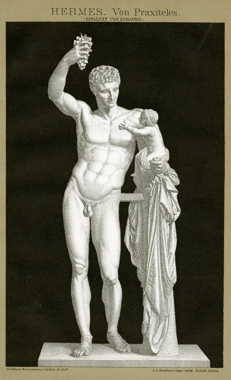 赫耳墨斯和婴儿狄奥尼索斯（Praxiteles），约1895年（彩色色版画）。 作者 德国学校