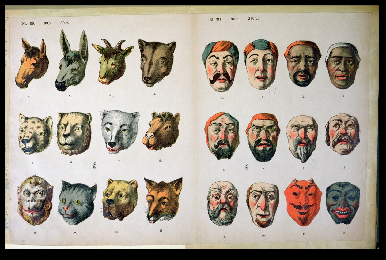 人类和动物狂欢节面具，来自Mannebach，Thuringe，Germany，c.1865的制造商目录 作者 德国学校