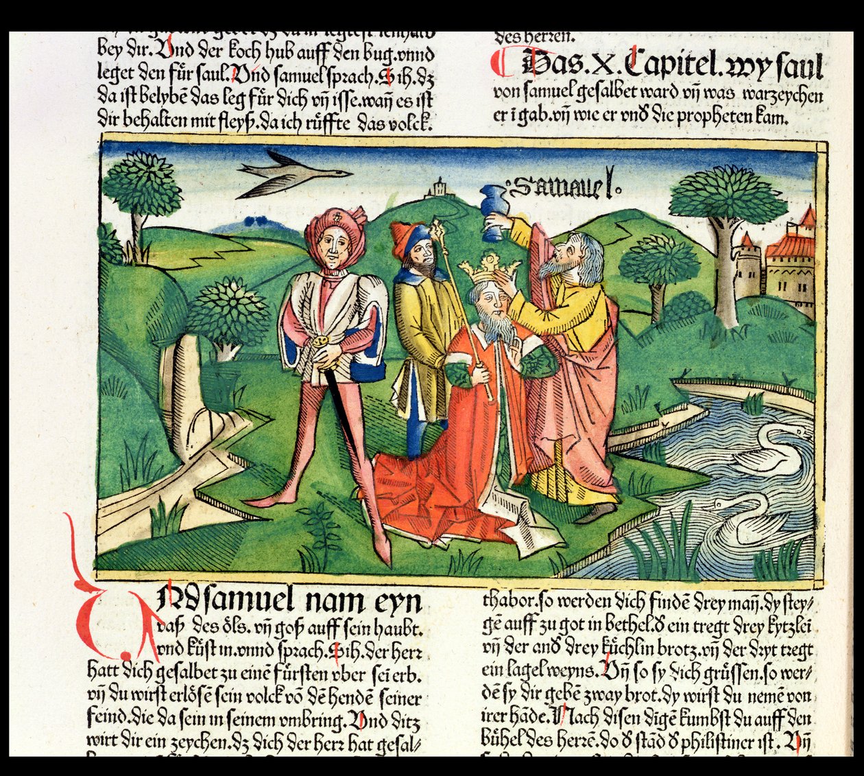 我塞缪尔10来自纽伦堡圣经（Biblia Sacra Germanaica）的扫罗的加冕礼和祝福（彩色木刻） 作者 德国学校