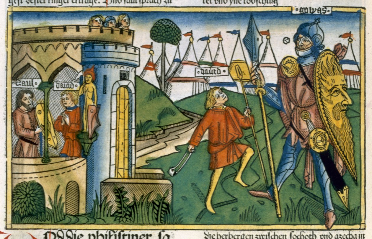 撒母耳记下17章1-58大卫击败歌利亚并与纽伦堡圣经（Biblia Sacra Germanaica）（彩色木刻）的扫罗相遇 作者 德国学校