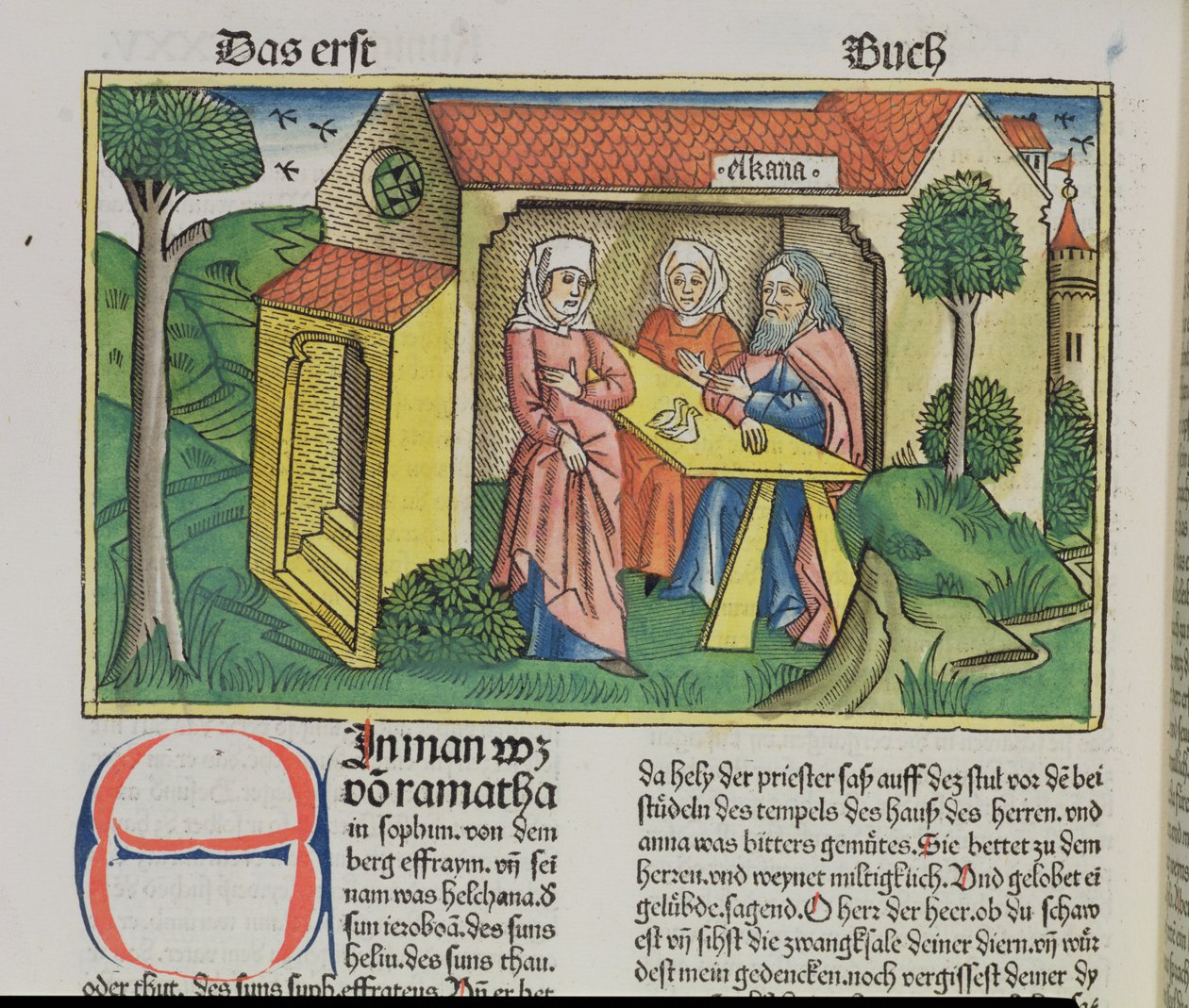 撒母耳记上1：8以利加拿安慰汉娜，来自纽伦堡圣经（Biblia Sacra Germanaica）（彩色木刻） 作者 德国学校