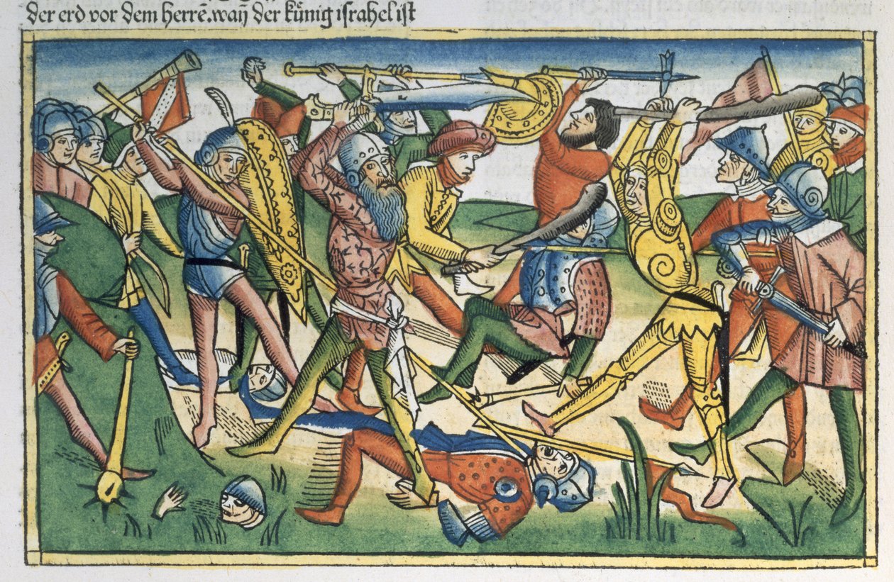撒母耳记下28 1-2非利士人的圣经（Biblia Sacra Germanaica）（彩色木刻）对非利士人的战争 作者 德国学校