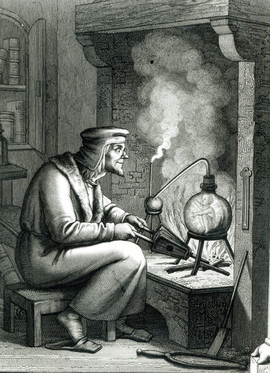 从Goethes浮士德的例证描述Mephistopheles创造一个homunculus，1854年 作者 德国学校