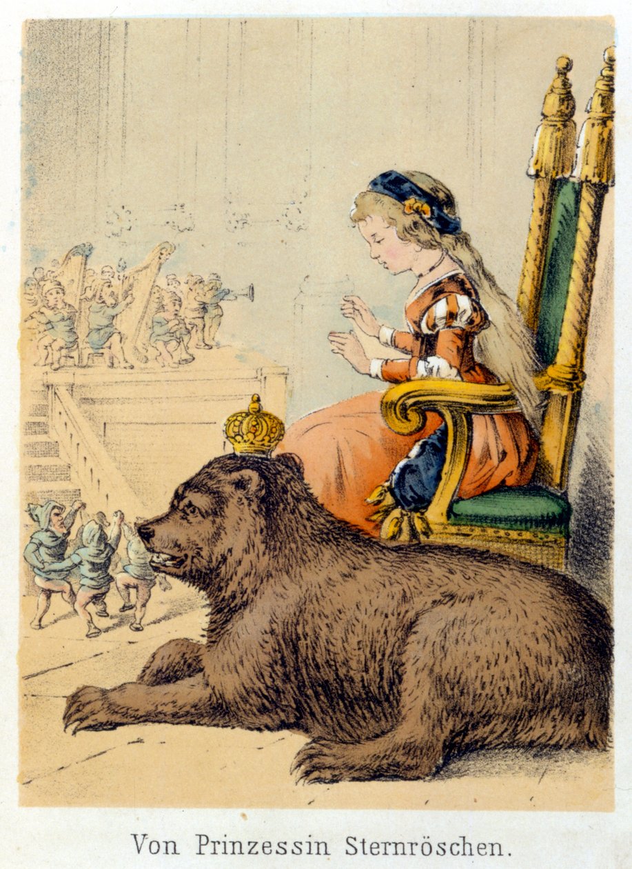弗朗茨-霍夫曼的故事《故事和寓言--Von Prinzessin Sternr¿schen》的插图：一个公主在熊王身边。19世纪的彩色石版画。 作者 德国学校