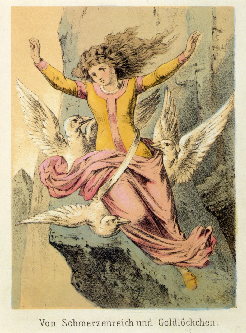 弗朗茨-霍夫曼的故事 "Tales and Fables - Von Schmerzenreich und Goldl¿kchen "的插图：一个女人被三只鸟包围。19世纪的彩色石版画。 作者 德国学校