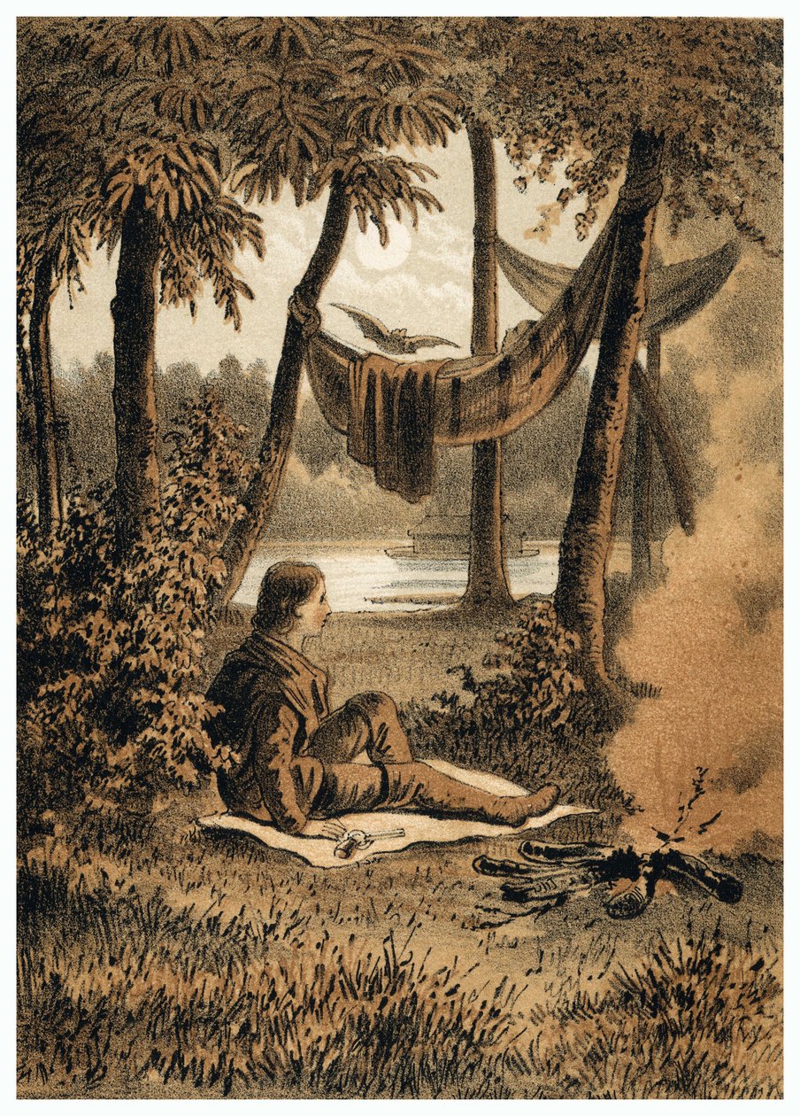 欧洲人征服亚马逊河的插图，在河边设置营地。"De Bootslieden der Amazon-river "中，卡尔-穆勒，荷兰 作者 德国学校