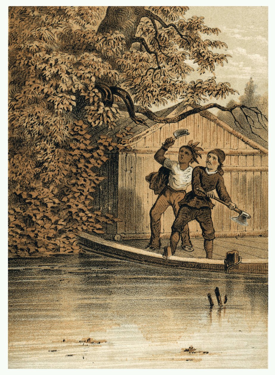 欧洲人征服亚马逊河的插图。 在“De Bootslieden der Amazon-River”中，Karl Muller，荷兰 作者 德国学校