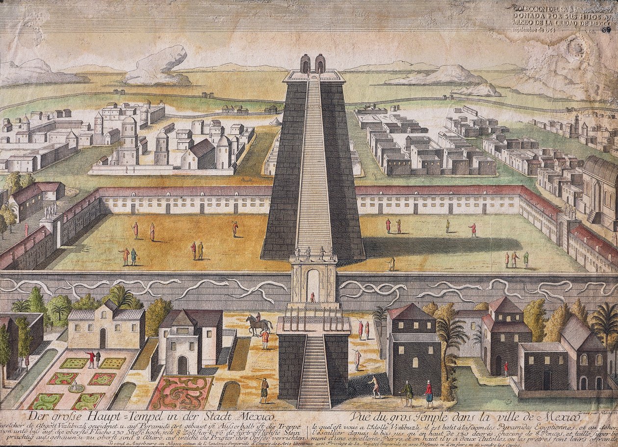 墨西哥城主神庙（Templo Mayor）的假想重建（彩色雕刻）。 作者 德国学校