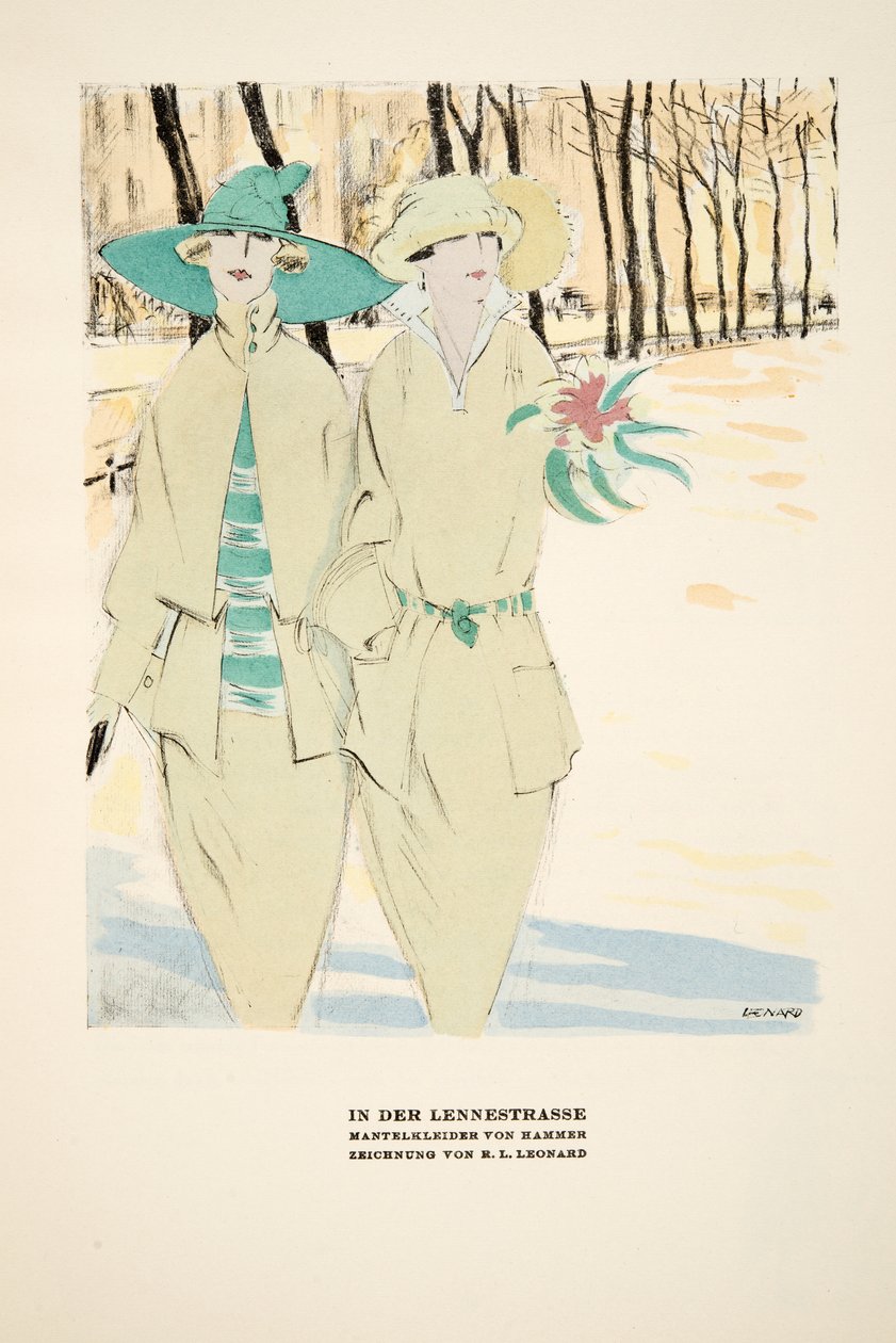 "In Der Lennestrasse"，汉默公司大衣广告，摘自《风格》，1922 年出版（pochoir 印刷品） 作者 德国学校