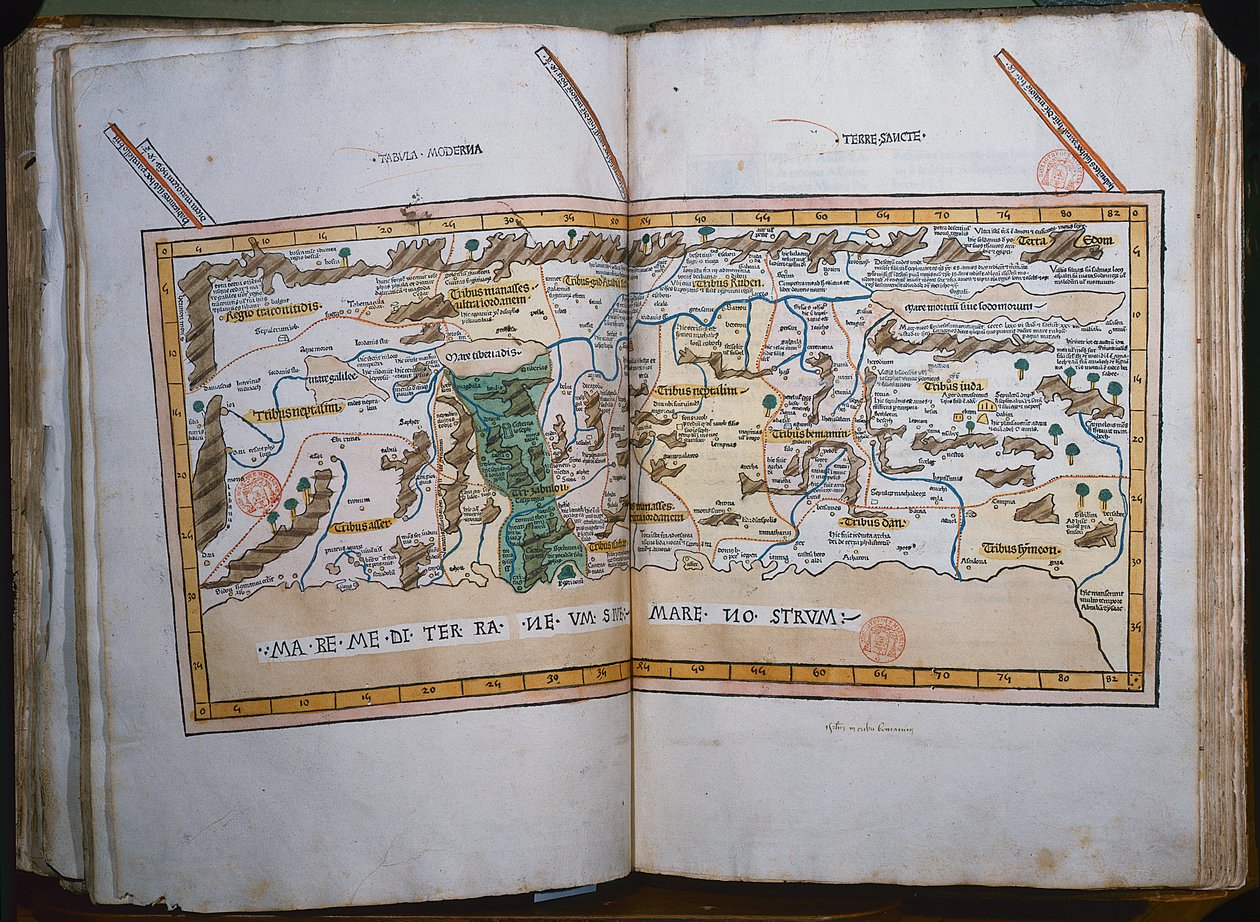 公司425圣地地图，根据Cosmographica中的描述和坐标，由Ptolemy（亚历山大的Claudius Ptolemaeus）（公元90  -  168年）在德国乌尔姆出版，由Johann Reger发表。 作者 德国学校