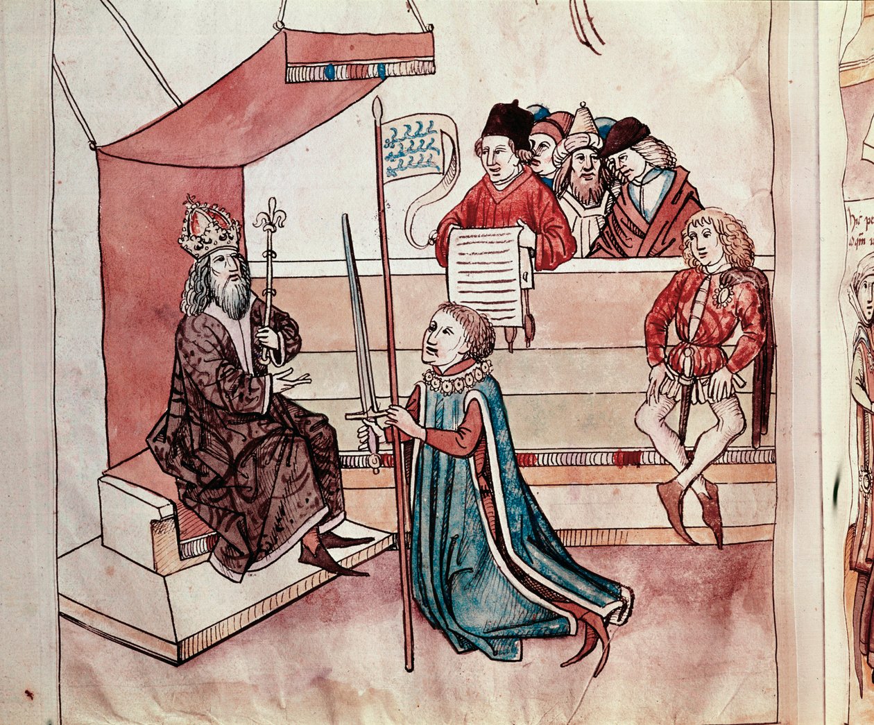 一位骑士的授衔。 Ulrich Richental (1360-1437) 1438 年《康斯坦茨议会编年史》的缩影，约布拉格，国家图书馆 作者 德国学校