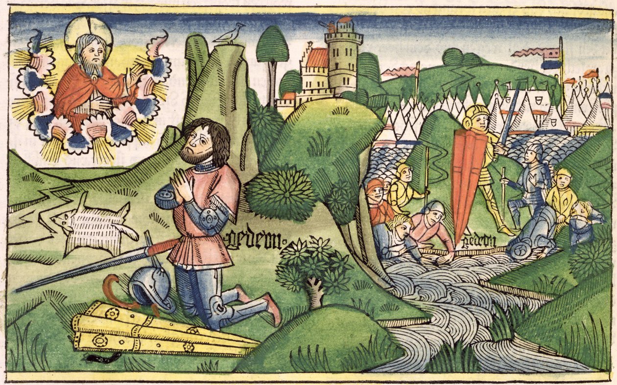 法官6 36基甸从纽伦堡圣经（Biblia Sacra Germanaica）（彩色木刻）中拿出羊毛 作者 德国学校