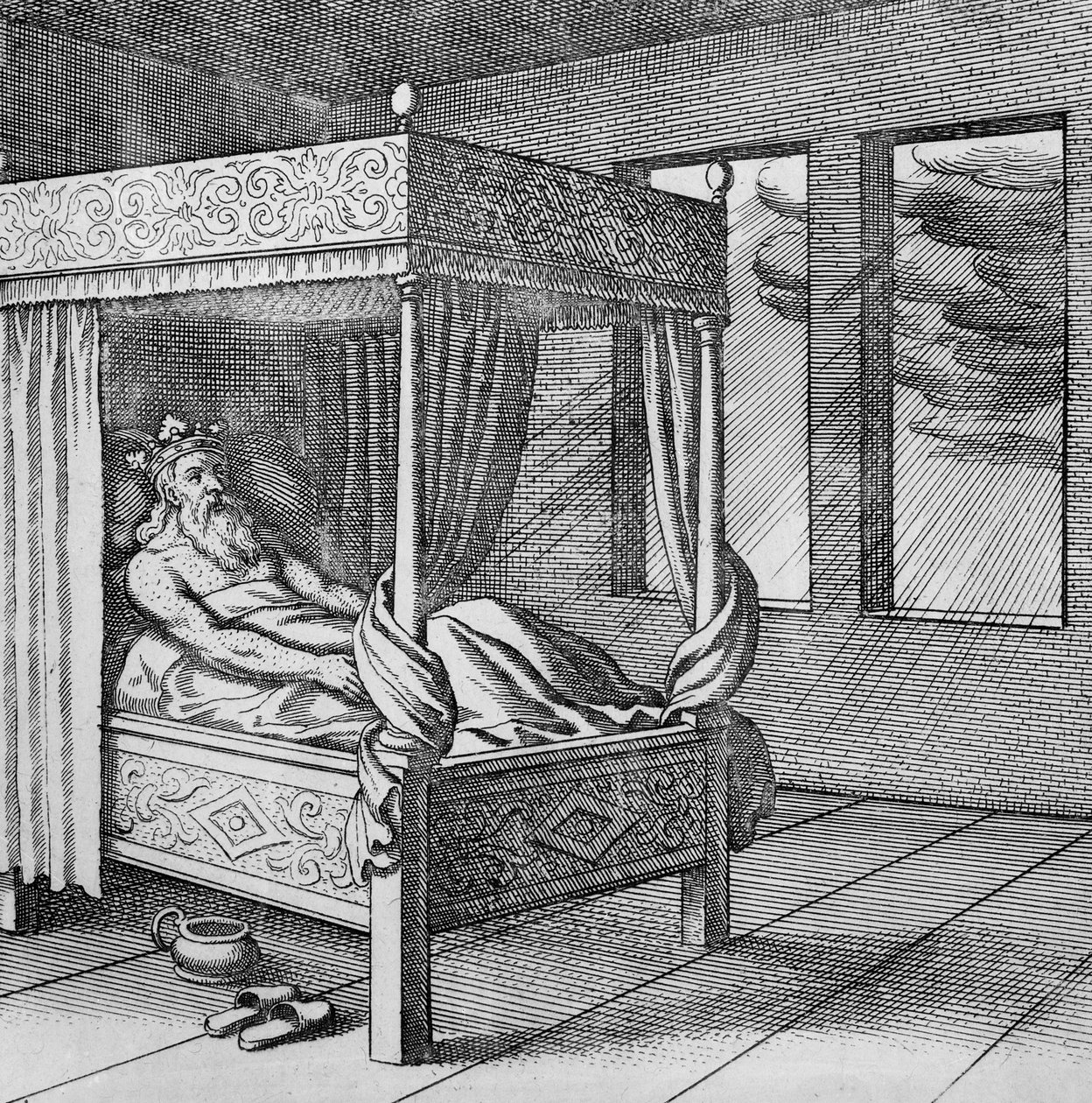 国王通过他的窗户看雨，来自Musaeum Hermeticum博物馆 作者 德国学校