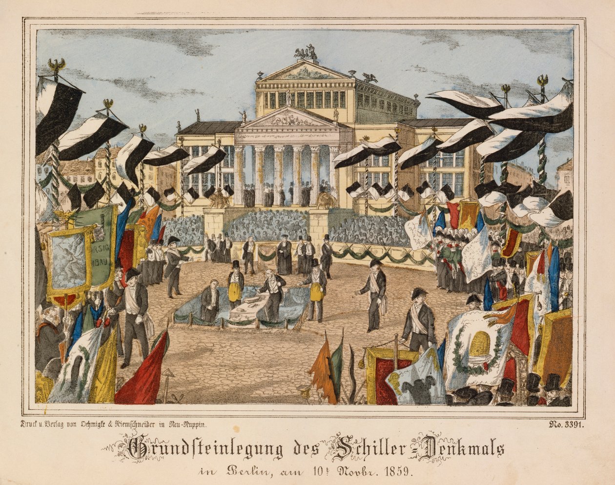 1859年11月10日柏林宪兵广场席勒纪念碑的基石铺设，背景为Schauspielhaus，来自Neurppiner Bilderbogen，由Oehmigle＆Ri出版 作者 德国学校
