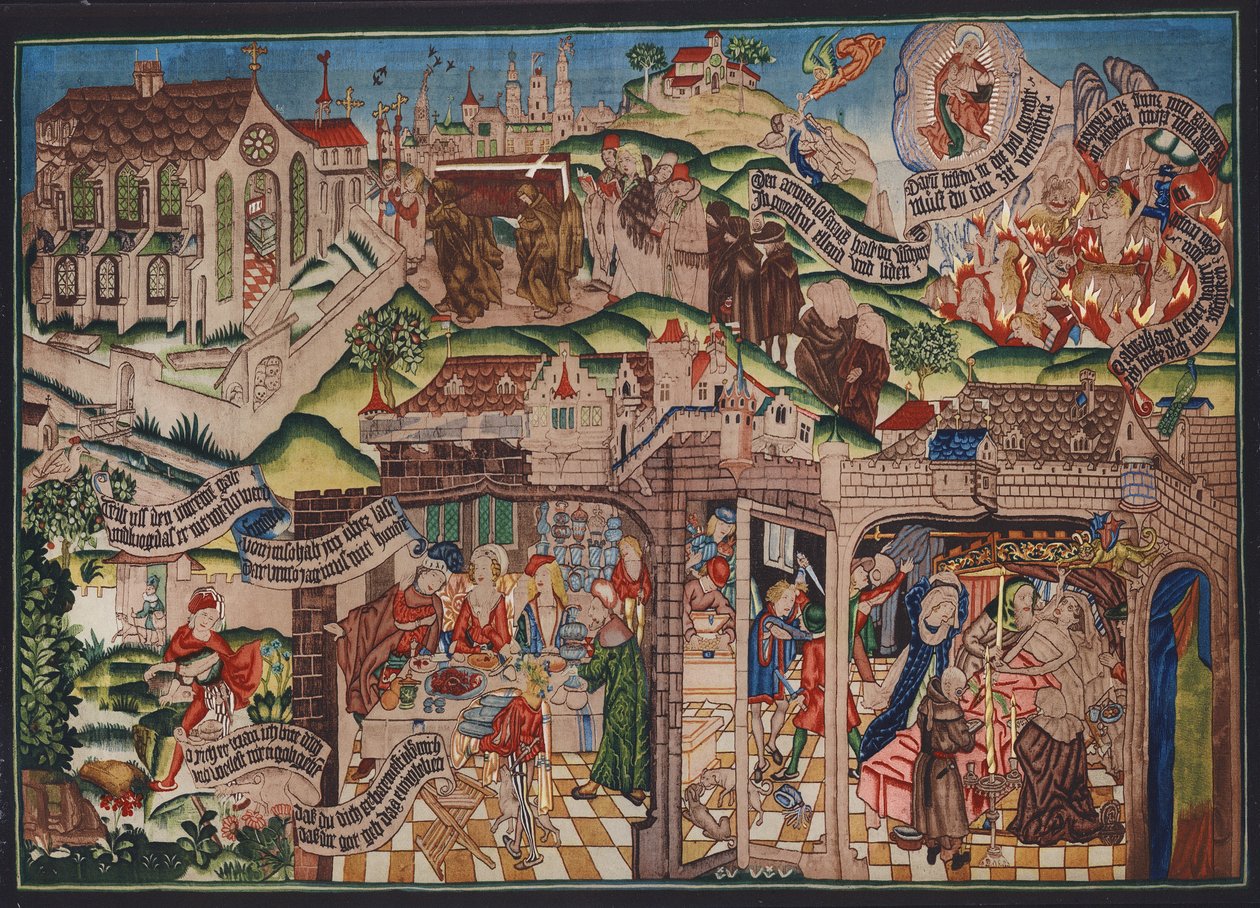 拉撒路挂毯，巴塞尔，约 1500 年（彩色石版画） 作者 德国学校