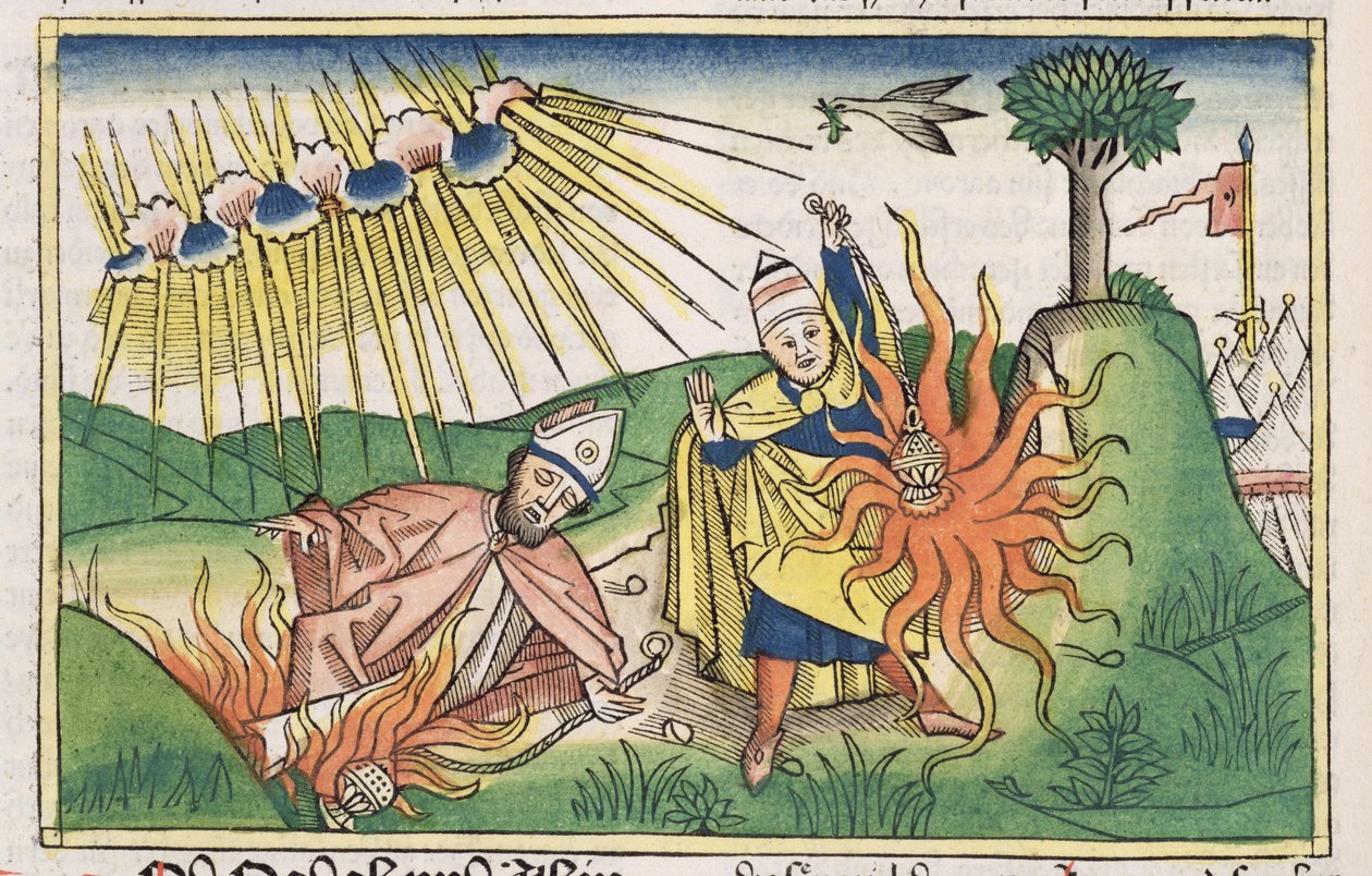 利未记10 1-2纳达布和亚比户从纽伦堡圣经（Biblia Sacra Germanaica）（彩色木刻）中提供不圣洁的火焰和死亡 作者 德国学校