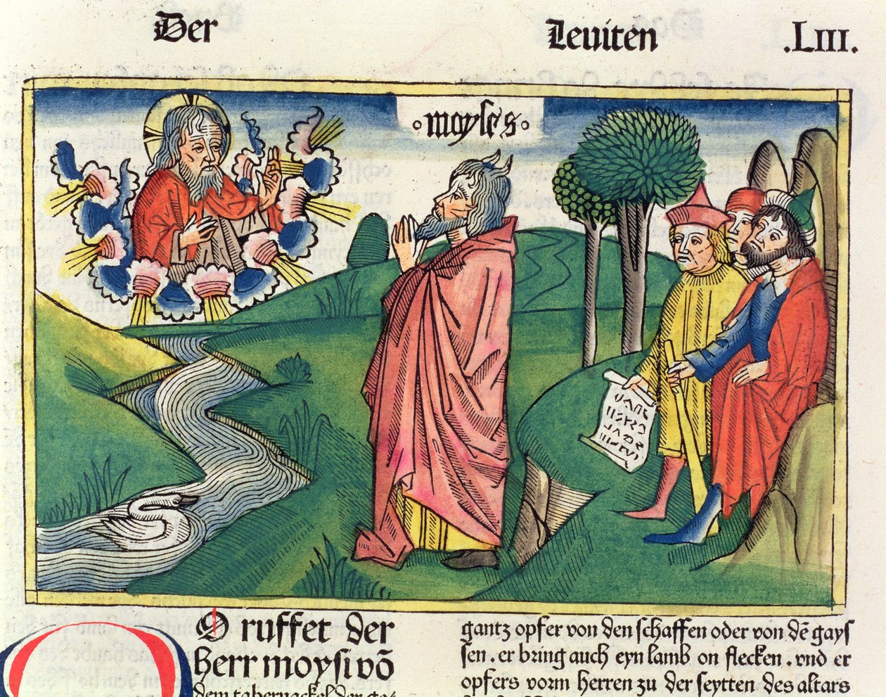 利未记1 1-7奉献律，来自纽伦堡圣经（Biblia Sacra Germanaica）（彩色木刻） 作者 德国学校