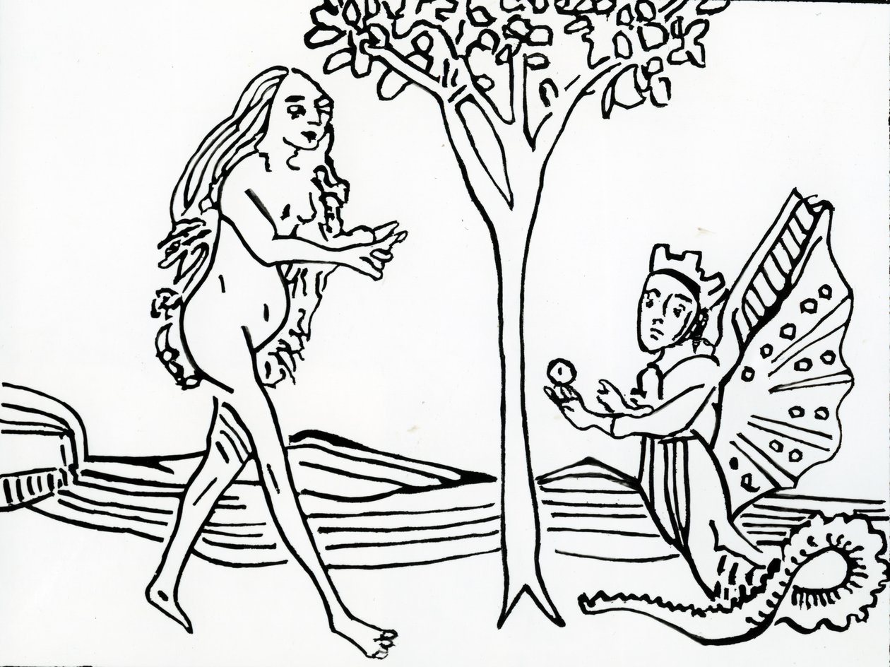 Lilith，带翅膀的尾巴，带有蛇的尾巴，在1470年原版之后，从&39;Speculum Humanae Salvationis&39;向夏娃提供苹果 作者 德国学校