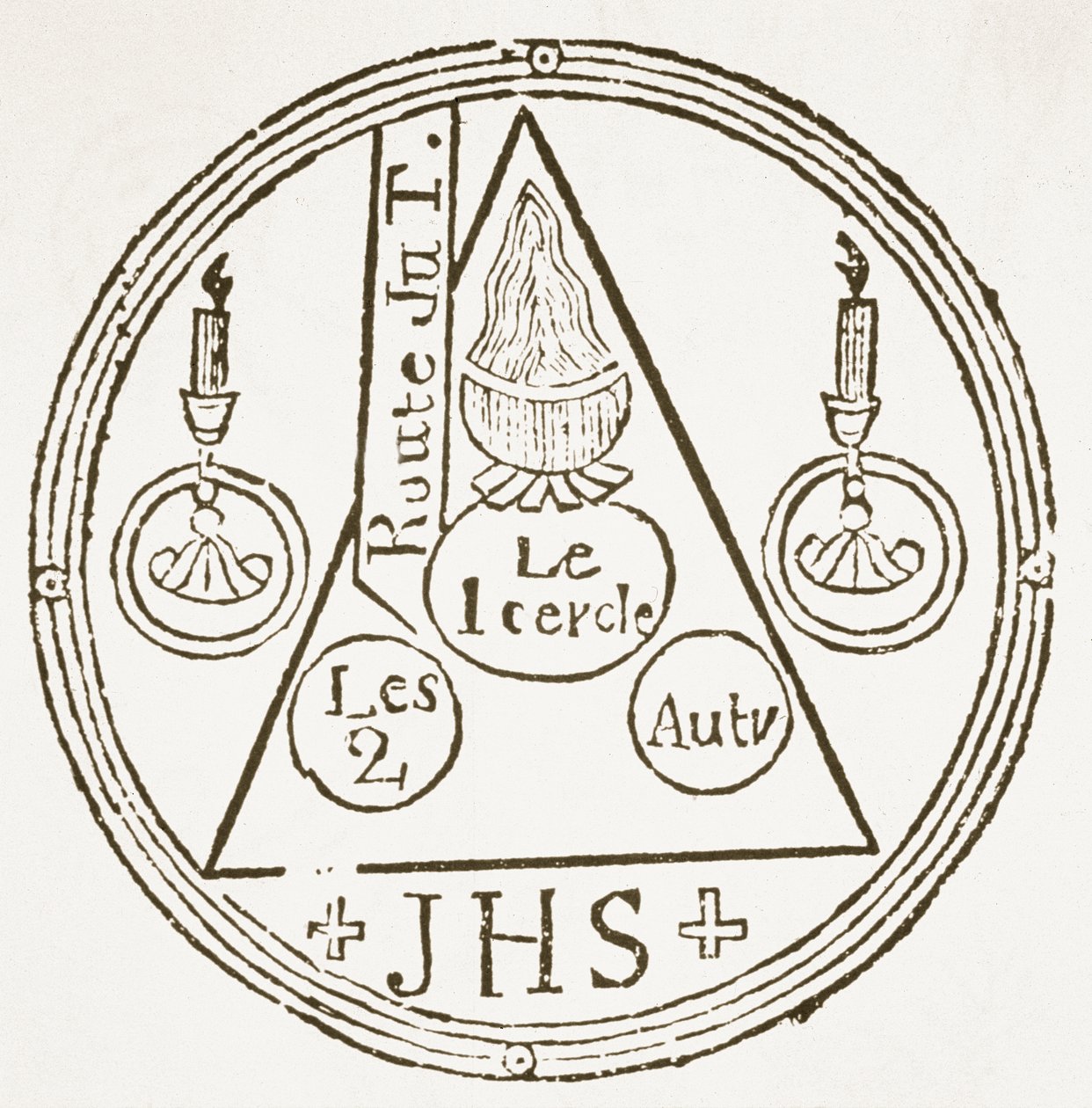 Magic Circle，来自Dreyfacher Hollenzwang的插图副本，Faustens博士，Passau 1407，由Dash Kolster Vol V转载，由J Scheible，1845年，用于“魔法史”，19世纪末出版 作者 德国学校