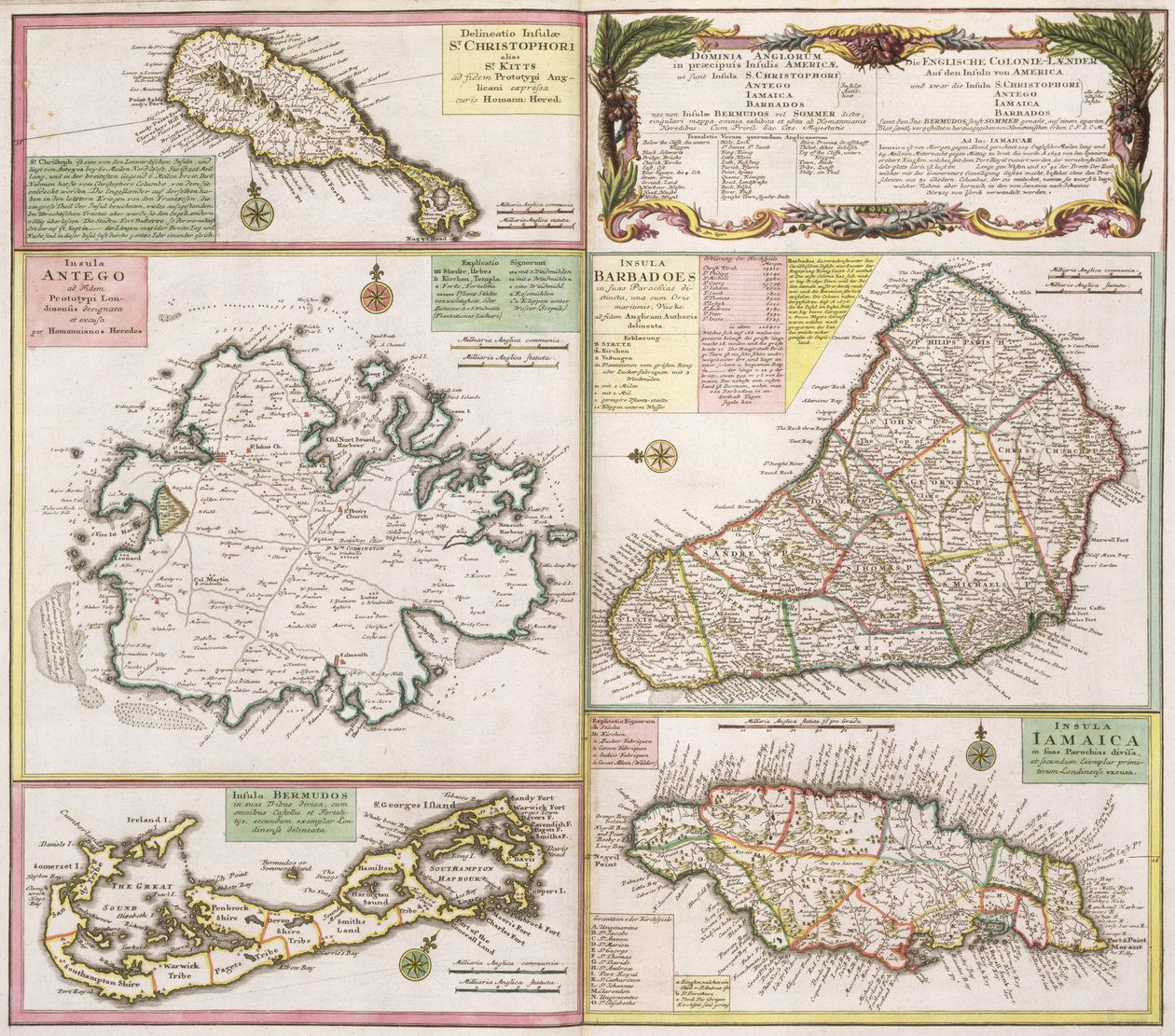 英国殖民地地图在加勒比海，酒吧。作者：Homanns继承人，纽伦堡，1750年（详见101837-38） 作者 德国学校