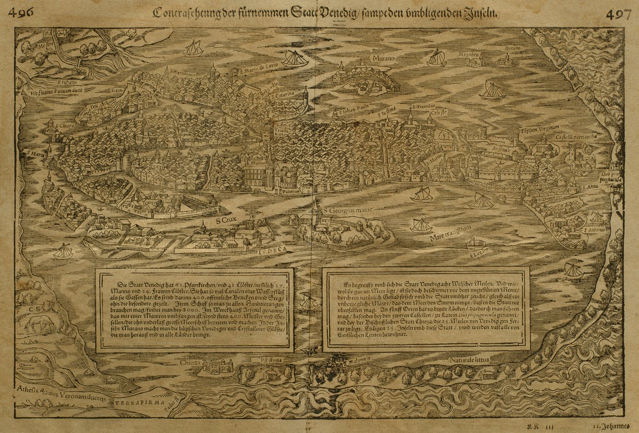 威尼斯地图，塞巴斯蒂安·明斯特（1488-1552），出版于巴塞尔，1560年 作者 德国学校