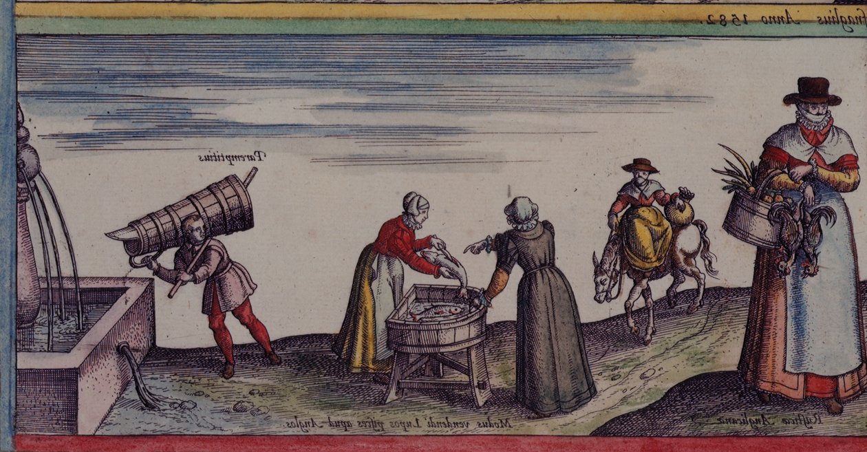 地图 C.29.e.1 切割鱼的妇女，选自 "Civitates orbis terrarum"，约 1623 年（牛皮纸）。 作者 德国学校