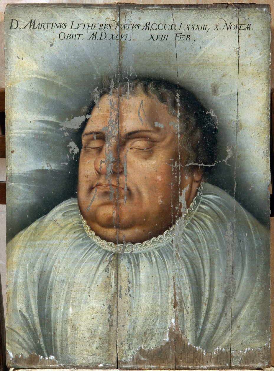马丁-路德（1483-1546 年）临终前的画像（M. Luther On His Deathbed）。佚名画作，木板油画 作者 德国学校
