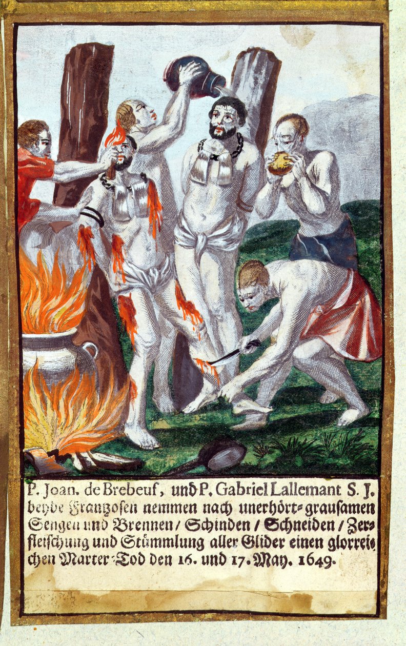 1649年在Nouvelle-France 1649年，Iroquois的Jean de Brebeuf和Gabriel Lalemant的殉难，来自耶稣会士殉道学，1688年 作者 德国学校