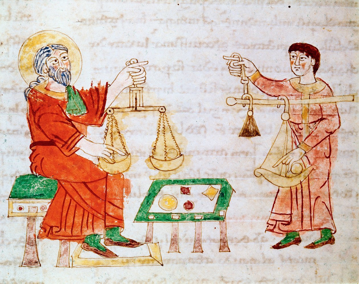 商人们用秤称重和讨价还价。 取自 Rabanus Maurus Magnentius（或 Raban Maur 或 Rabano Mauro，约 780-856 年）手稿“De Universo”或“De rerum naturis”（来自事物的本质）的缩影。 9世纪。 蒙特 C 档案馆 作者 德国学校