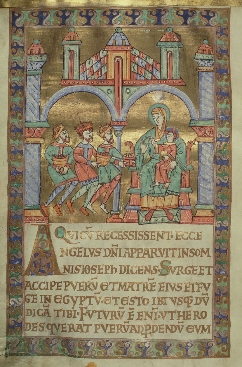 卡扎特女士。 1207，IV，fol.V v.Magi的崇拜，来自普洛克大教堂的Evangeliarium，c.1075 作者 德国学校