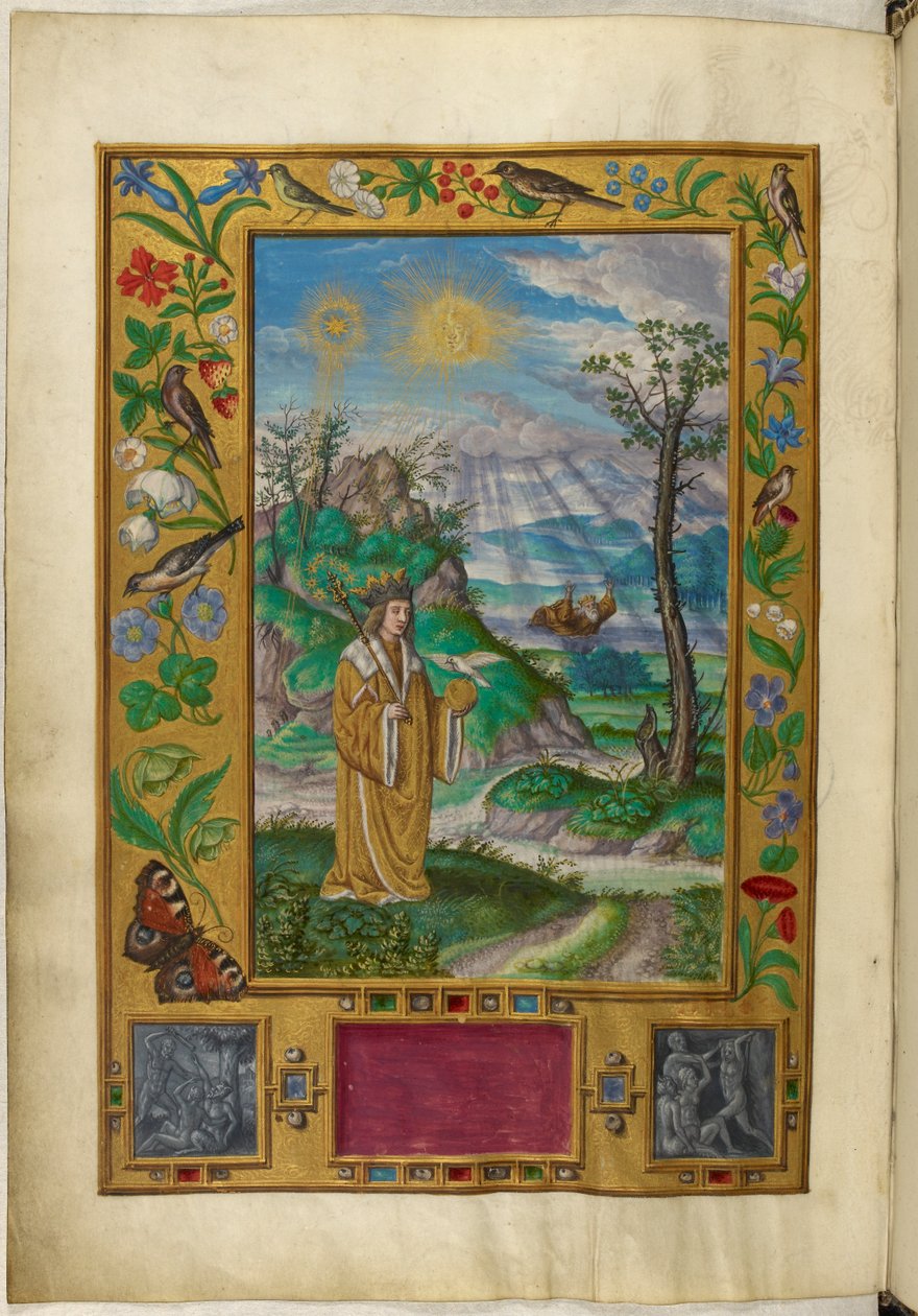 哈雷女士 3469 号作品，f.16v 带有权杖和圆球的戴冠人物，《第三个寓言》，选自萨洛蒙-特里斯莫辛的《太阳的辉煌》。 作者 德国学校