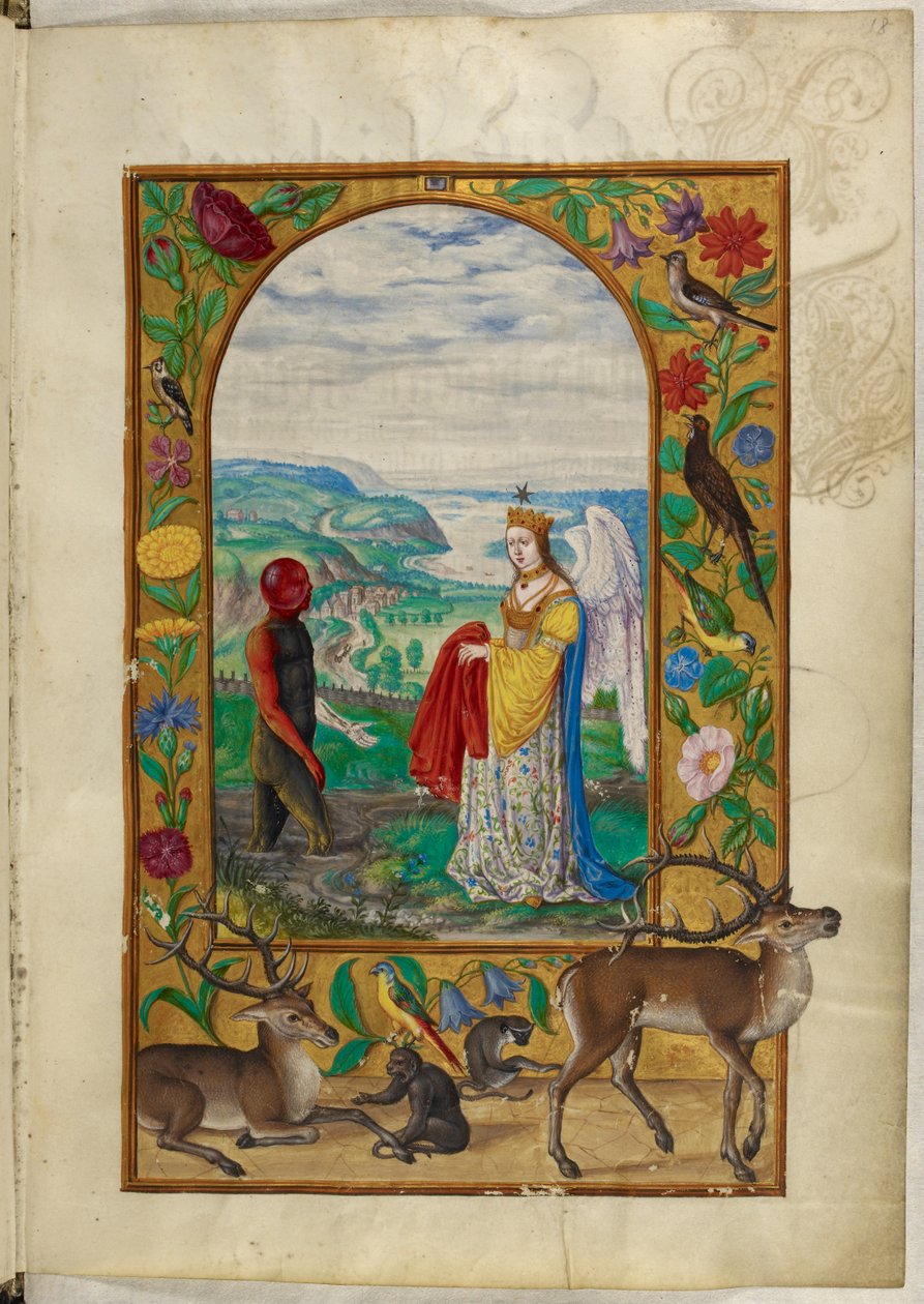 哈雷 3469 号女士，f.18 王后向泳池中的男子提供长袍，第四寓言，选自萨洛蒙-特里斯莫辛的 "太阳的光辉 作者 德国学校