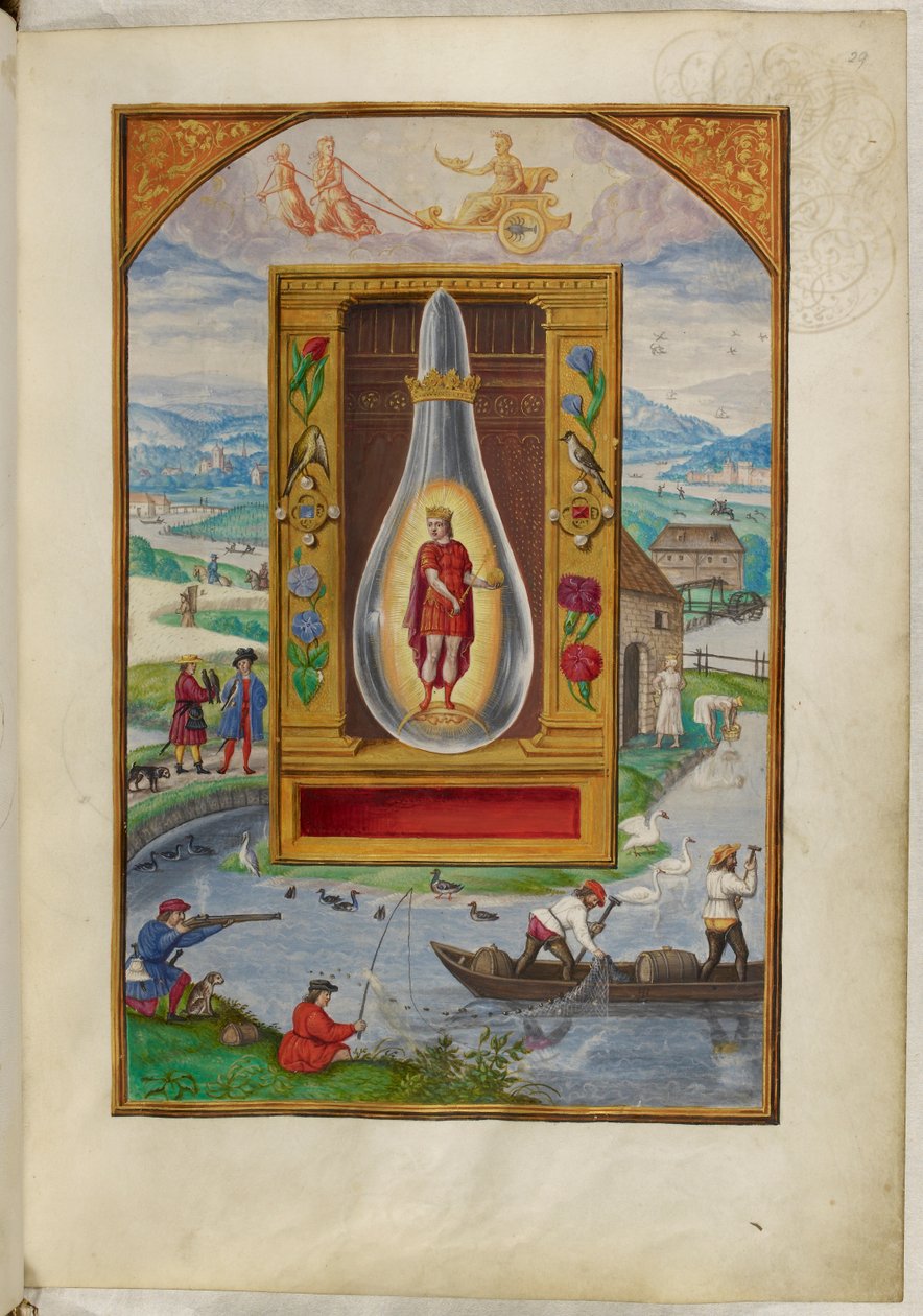 哈雷 3469 号女士，f.29 烧瓶中的年轻国王，第四论，选自萨洛蒙-特里斯莫辛的 "太阳的辉煌 作者 德国学校