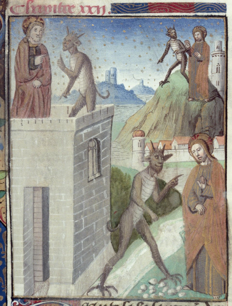Hunter女士36 f.110r诱惑的三个场景，来自Vita Christi，萨克森的Ludolf，c.1300-7778 作者 德国学校