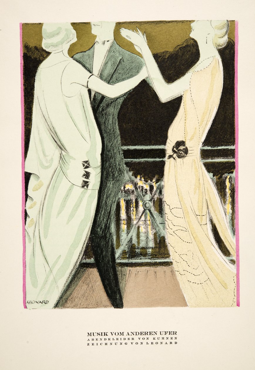 "Musik vom Anderen Ufer"，Kuhnen 晚礼服广告，选自《Styl》，1922 年出版（pochoir 印刷品） 作者 德国学校