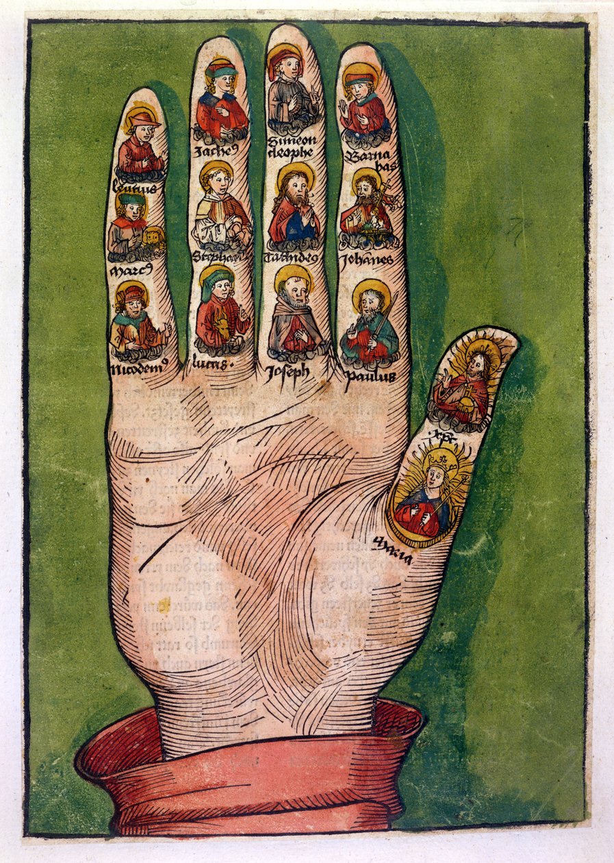 瑞典布里奇特的神秘之手描绘了基督，圣母玛利亚，使徒和其他人，1491年（手工彩色雕刻） 作者 德国学校